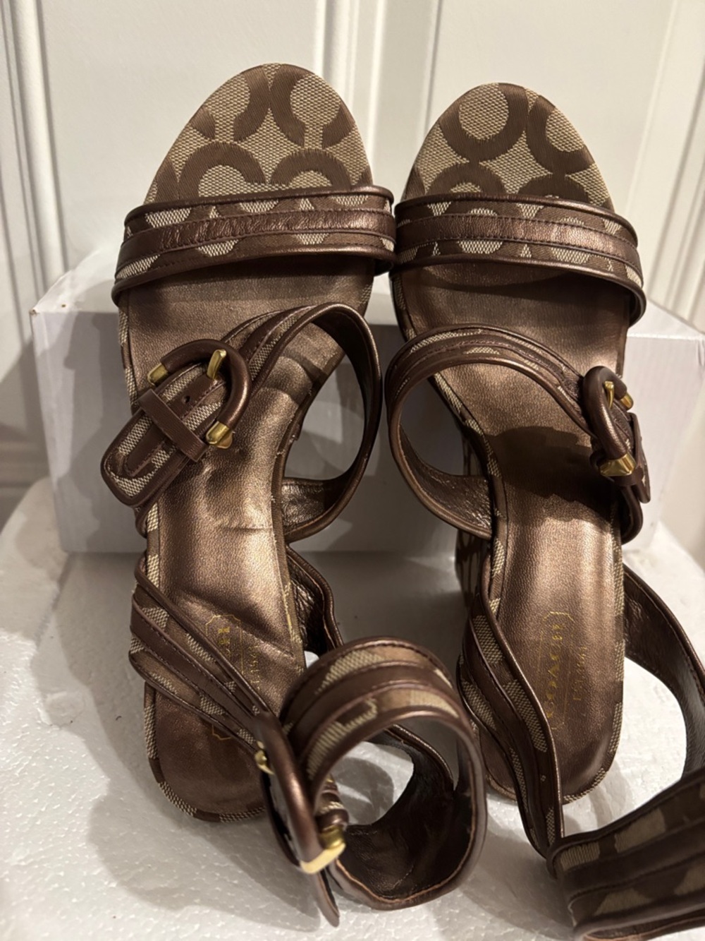 Coach Marlee Wedge Sandals Signature Canvas Pattern Khaki Brown Size 8 - Picture 10 of 13